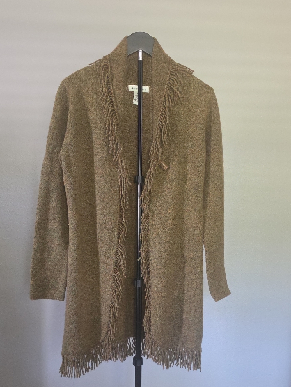 Susan Bristol Olive Brown Fringe Open-Front Cardigan